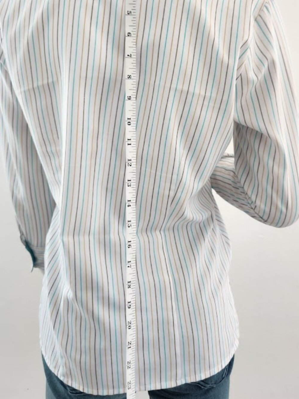 Executive Uniforms Striped Button Down Blouse Shirt XS Teal Blue Tan White - Picture 7 of 16